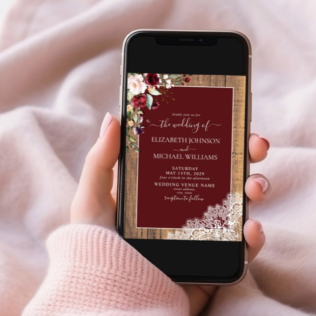 Burgundy Blush Botanical Wood Script Photo Wedding Invitation (Creator Uploaded)