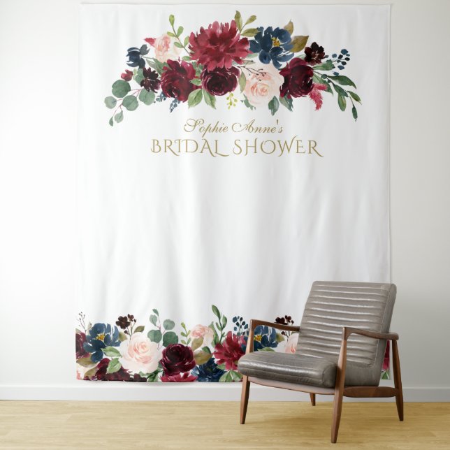 Burgundy Blush Bridal Shower Photo Booth Backdrop Tapestry (In Situ)
