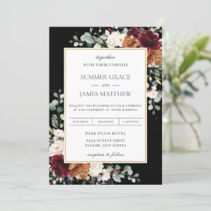 Burgundy Blush Burnt Orange Ivory Floral Wedding  Invitation