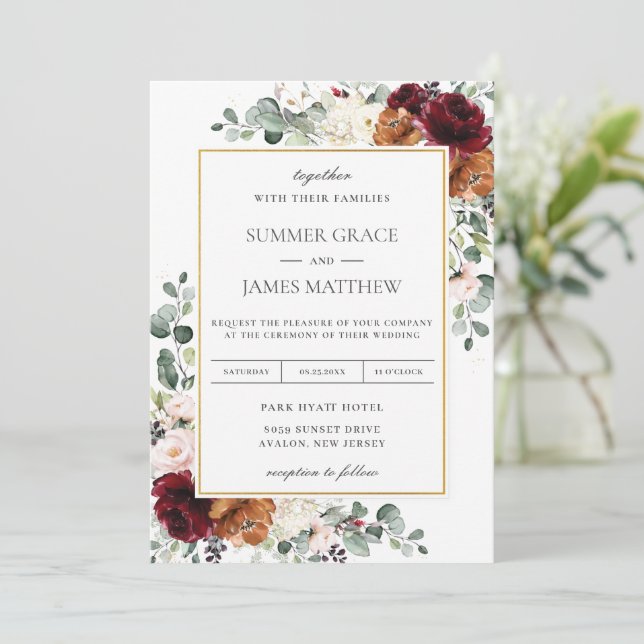 Burgundy Blush Burnt Orange Ivory Floral Wedding Invitation (Standing Front)