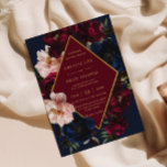 Burgundy Blush Dark Navy Blue Floral Gold Wedding Invitation<br><div class="desc">Personalise this elegant wedding invitation easily and quickly. Simply click the Edit Using Design Tools button to edit the text, change fonts and fonts colours. Featuring beautiful realistic burgundy, blush peonies and navy blue anemone flowers against a dark moody navy blue background. Matching items available in store. (c) Somerset Fine...</div>