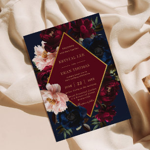 Burgundy Blush Dark Navy Blue Floral Gold Wedding Invitation
