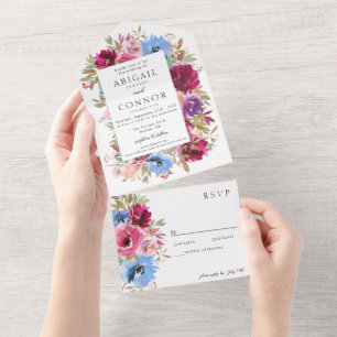 Burgundy Blush Dusty Blue Elegant Floral All In On One Invitation