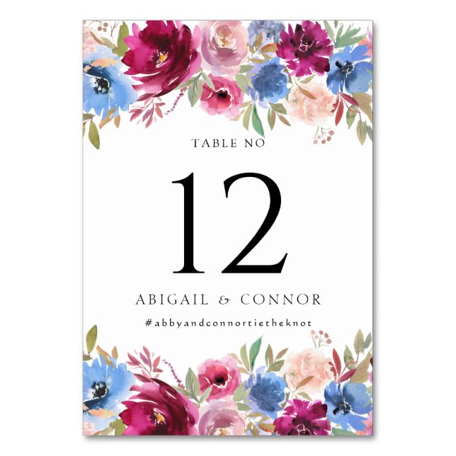 Burgundy Blush Dusty Blue Elegant Floral Table Number (Front)