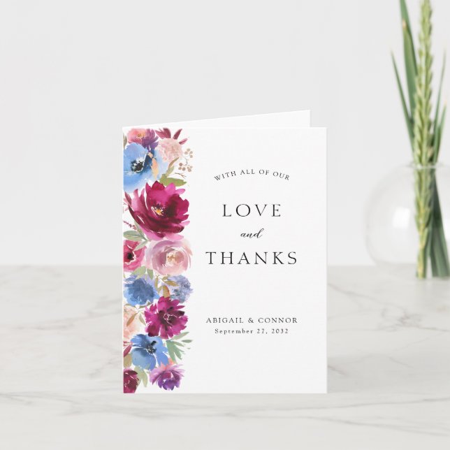 Burgundy Blush Dusty Blue Elegant Floral Thank You Card (Front)