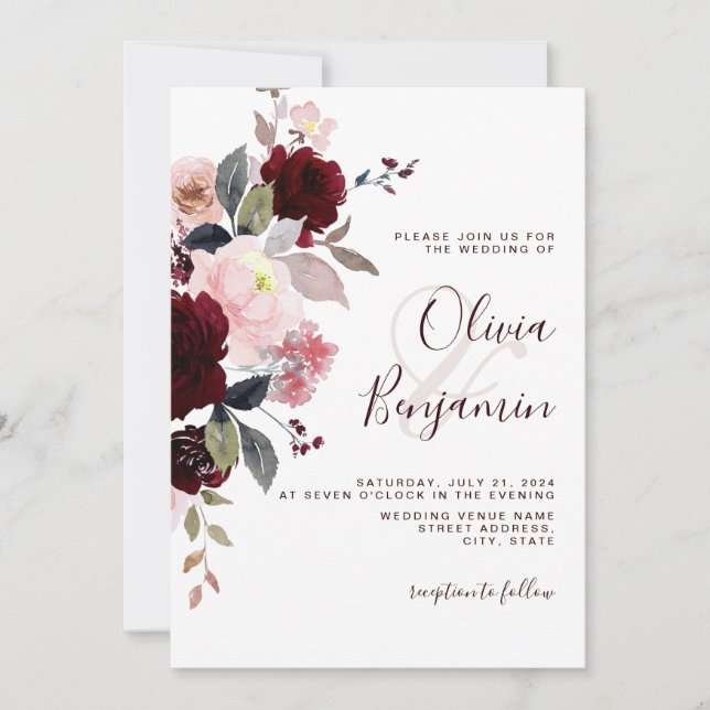 Burgundy Blush Dusty Pink Elegant Floral Wedding Invitation (Front)