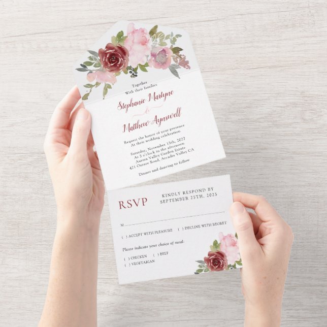 Burgundy Blush Dusty Pink Floral Wedding All In One Invitation (Tearaway)