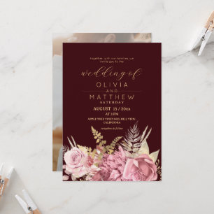 Burgundy Blush Dusty Rose ⎮ Gold Floral Wedding  Invitation