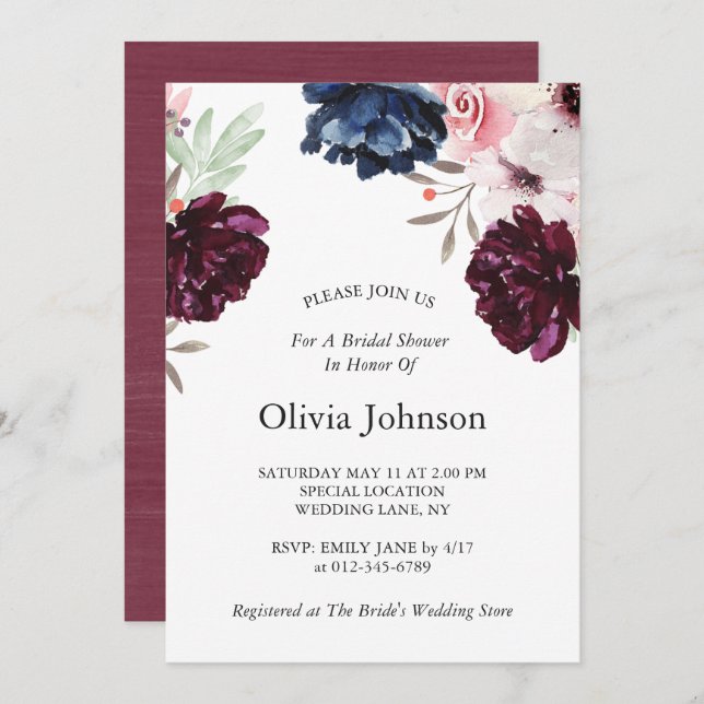 Burgundy Blush Elegant Floral Bridal Shower Invitation (Front/Back)