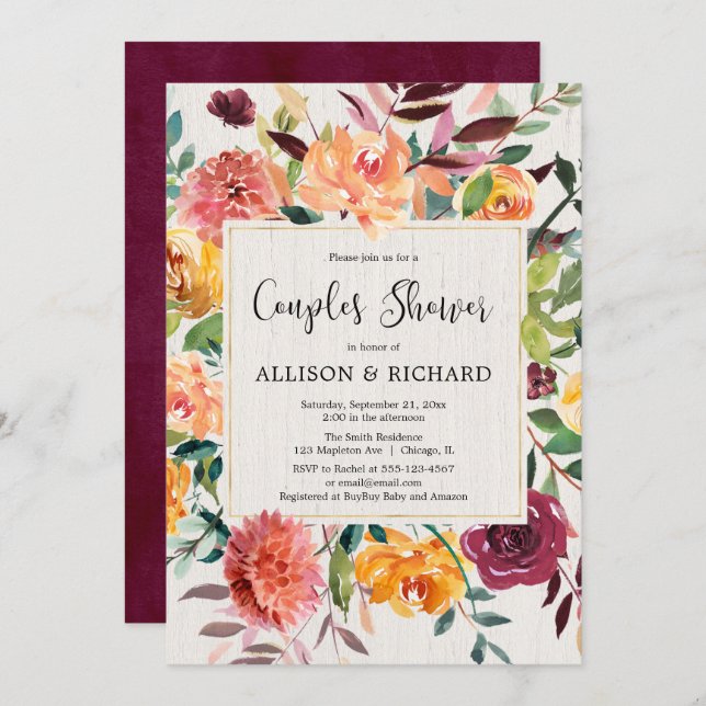 Burgundy blush fall floral couples baby shower invitation (Front/Back)
