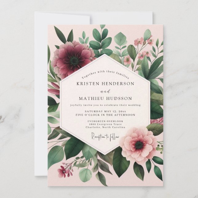 Burgundy Blush Flora Wedding Invitation (Front)