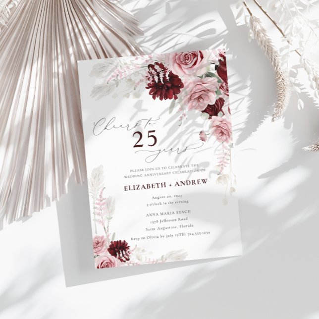 Burgundy Blush Floral 25th Wedding Anniversary Invitation (Creator Uploaded)