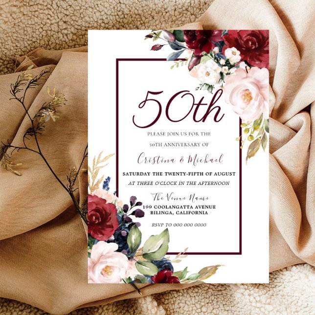 Burgundy Blush Floral 50th Wedding Anniversary Invitation (Creator Uploaded)