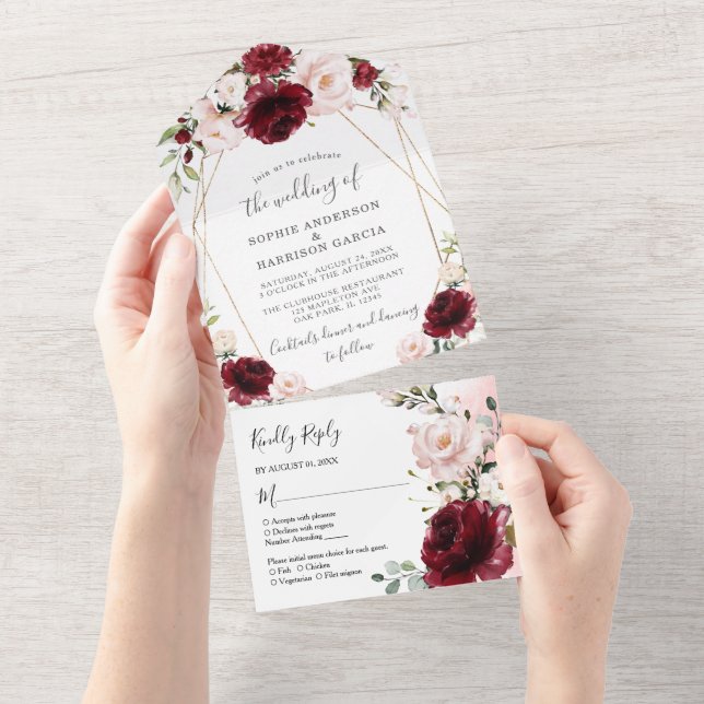 Burgundy Blush Floral And Gold Geometric Wedding All In One Invitation (Tearaway)