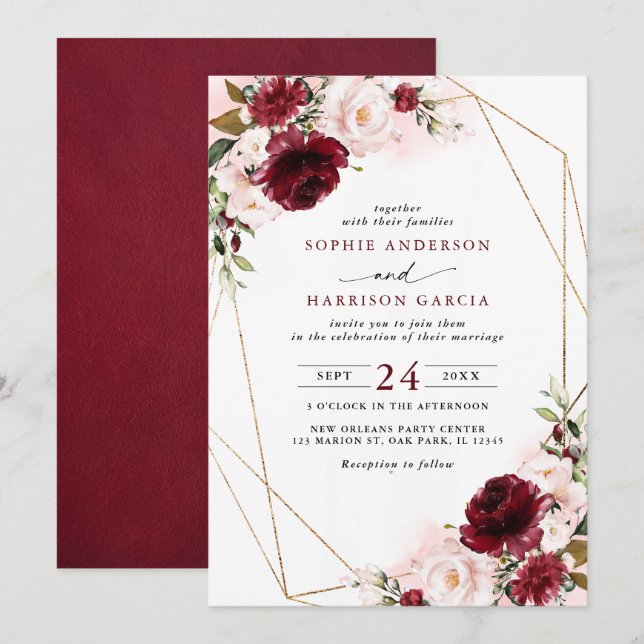 Burgundy Blush Floral And Gold Geometric Wedding Invitation (Front/Back)