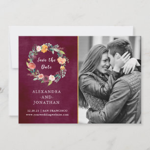 Burgundy Blush   Floral and Gold with Photo Save The Date