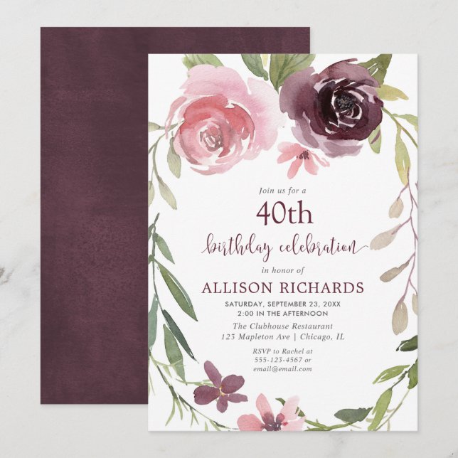 Burgundy blush floral any age adult birthday party invitation (Front/Back)