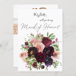 Burgundy & Blush Floral Be My Maid of Honour? Phot Invitation