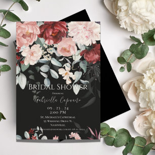 Burgundy Blush Floral Black Bridal Shower Invitation