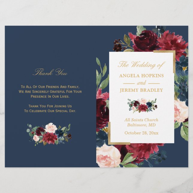 Burgundy Blush Floral Blue Folded Wedding Program (Front)