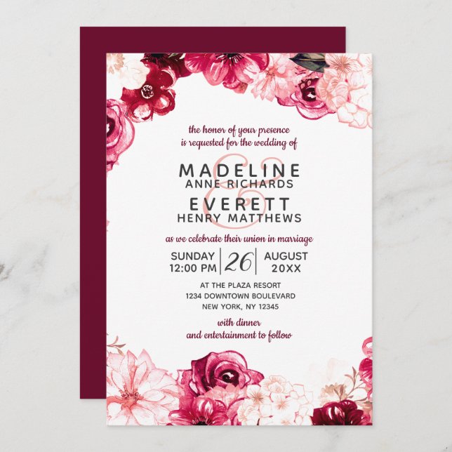 Burgundy & Blush Floral Border Wedding Invitations (Front/Back)