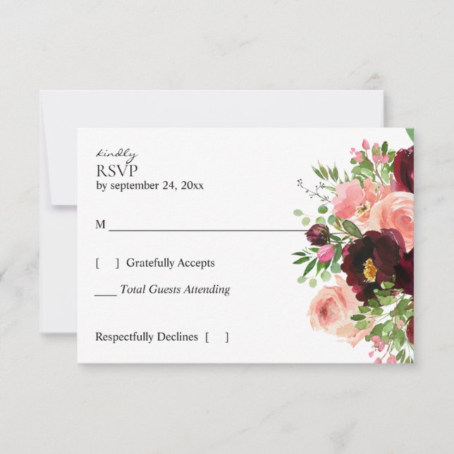 Burgundy & Blush Floral Botanical no Meal White RSVP Card (Front)