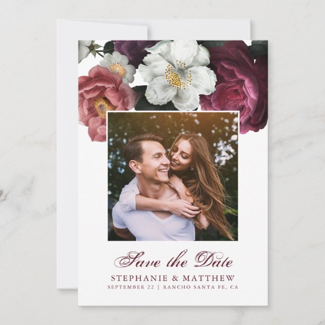 Burgundy Blush Floral Botanical Photo Save The Date (Front)