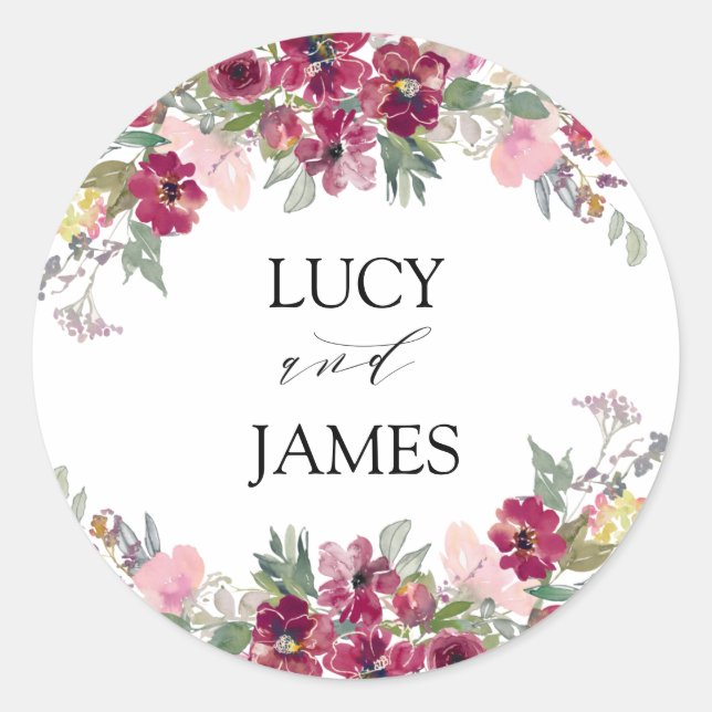 Burgundy Blush floral bouquet Wedding  Classic Round Sticker (Front)