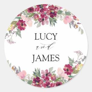 Burgundy Blush floral bouquet Wedding  Classic Round Sticker