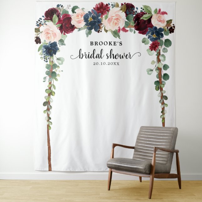 Burgundy Blush Floral Bridal shower Photo Backdrop Tapestry (In Situ)