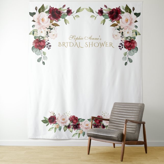 Burgundy Blush Floral Bridal Shower Photo Prop Tapestry (In Situ)