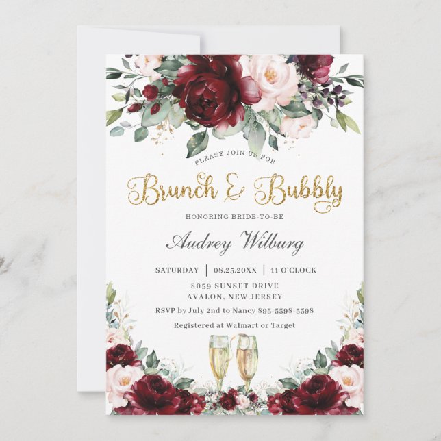 Burgundy Blush Floral Brunch Bubbly Bridal Shower Invitation (Front)