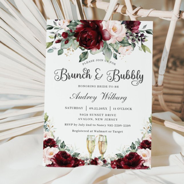 Burgundy Blush Floral Brunch Bubbly Bridal Shower Invitation (Creator Uploaded)