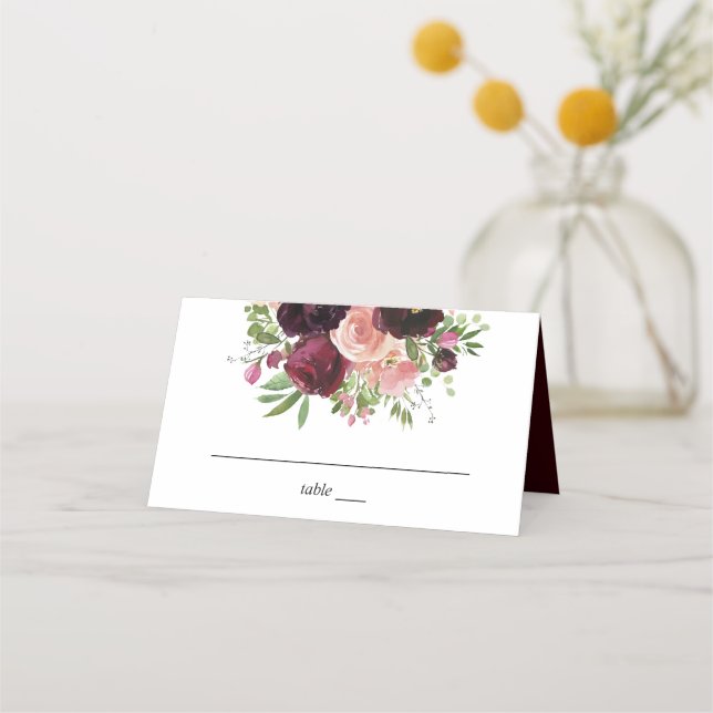 Burgundy & Blush Floral - Burgundy Place Card (Front)