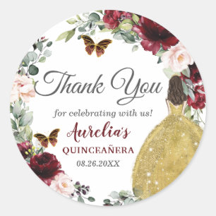 Burgundy Blush Floral Butterflies Princess Gold  Classic Round Sticker