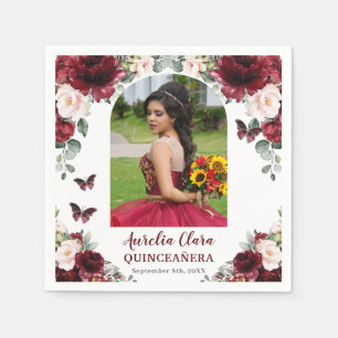 Burgundy Blush Floral Butterfly Quinceañera Photo Napkin