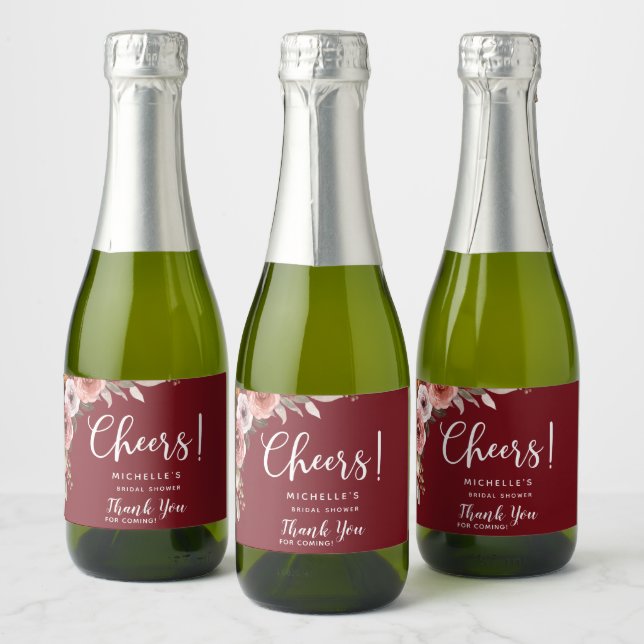 Burgundy Blush Floral, Cheers, Liquor, Wine Favour Sparkling Wine Label (Bottles)