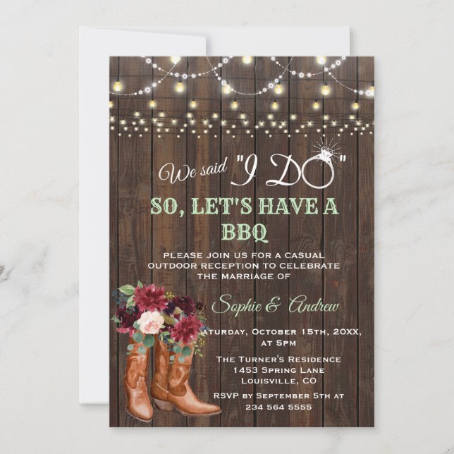 Burgundy Blush Floral Cowboy Boots After I DO BBQ Invitation (Front)