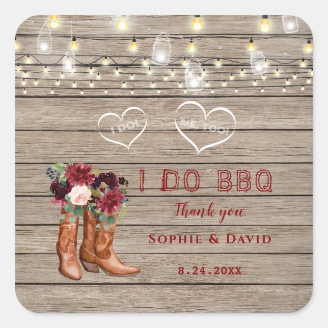 Burgundy Blush Floral Cowboy Boots After I DO BBQ Square Sticker (Front)