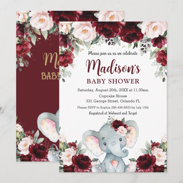 Burgundy Blush Floral Cute Elephant Baby Shower Invitation (Front/Back)