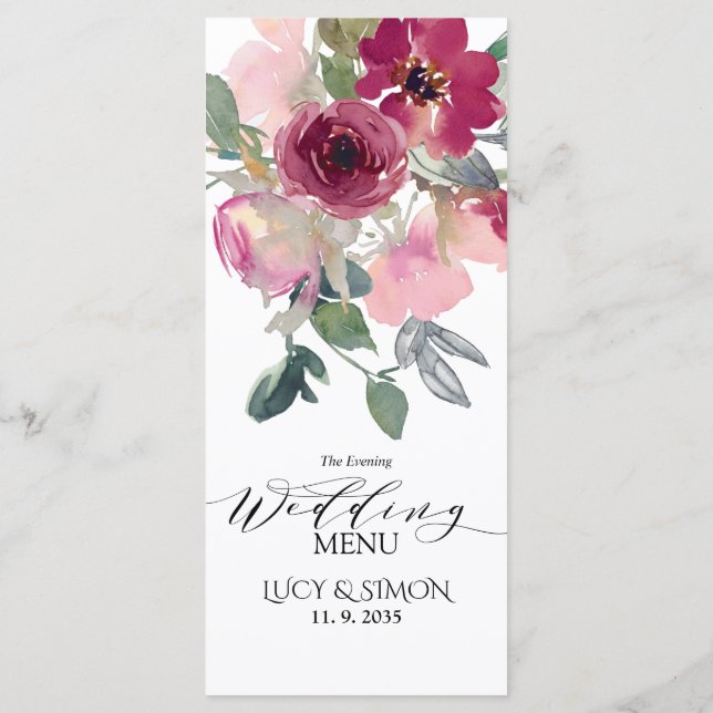 Burgundy & Blush floral Evening Wedding Menu (Back)