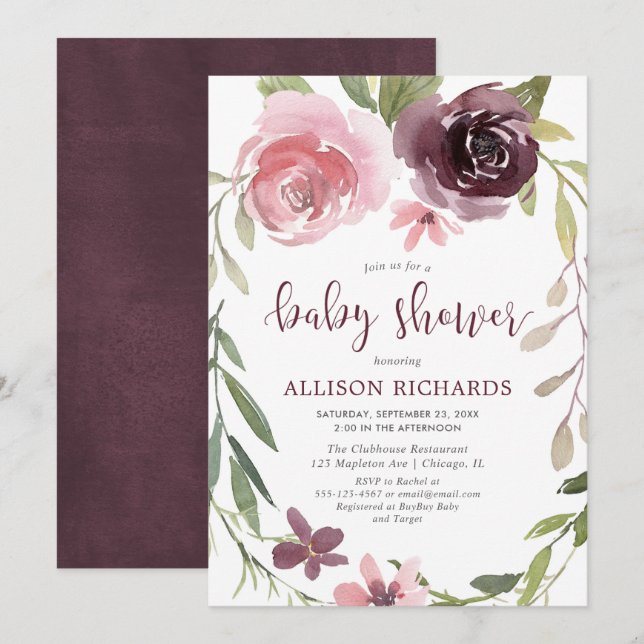 Burgundy blush floral fall girl baby shower invitation (Front/Back)