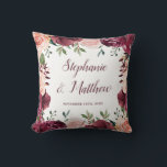 Burgundy Blush Floral Fall Wedding Cushion<br><div class="desc">This pillow features watercolor blush pink and burgundy roses with green leaves and foliage. Personalise it with names and date. This pillow is part of a collection which includes matching wedding stationery and gifts. Please visit our store or view our collection pages to see the full range of products that...</div>