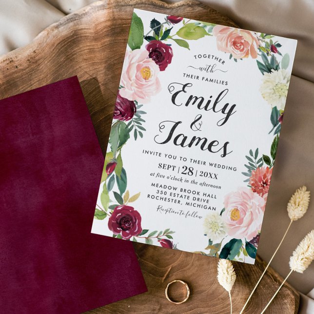 Burgundy Blush Floral Fall Wedding Modern Script Invitation (Creator Uploaded)