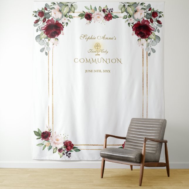 Burgundy Blush Floral First Holy Communion Prop Tapestry (In Situ)