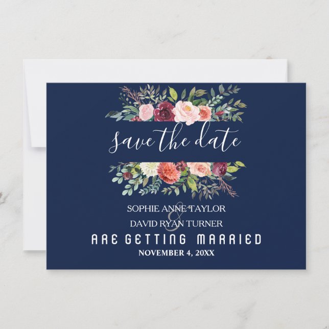 Burgundy Blush Floral Frame Dark Blu Save The Date (Front)