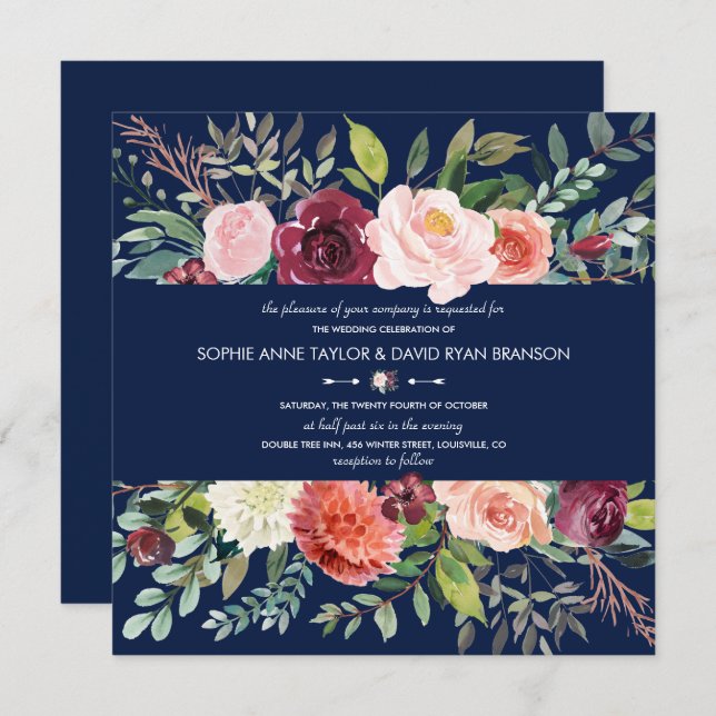 Burgundy Blush Floral Frame Dark Blue Wedding Invitation (Front/Back)