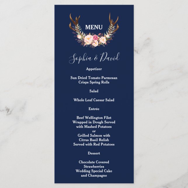 Burgundy Blush Floral Frame Dark Blue Wedding Menu (Front)