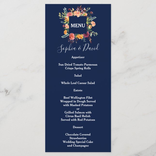 Burgundy Blush Floral Frame Dark Blue Wedding Menu (Front)