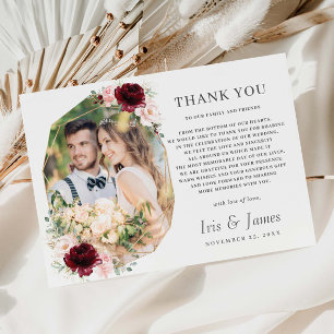 Burgundy Blush Floral Geometic Photo Wedding Thank You Card